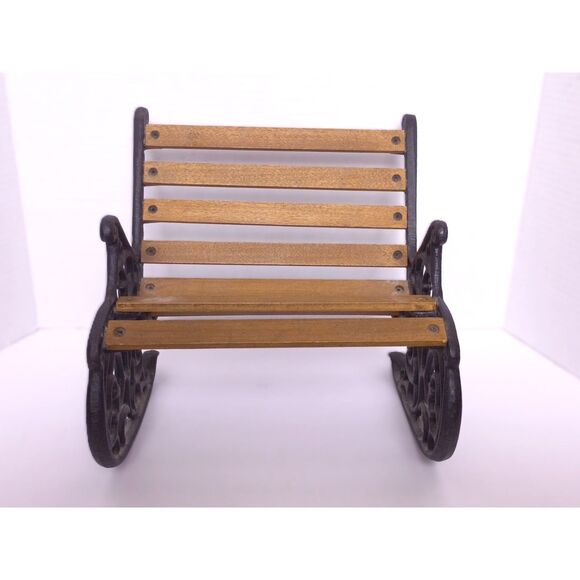 Vintage Cast Iron and Wood 10" Miniature Rocking Doll / Teddy Bear Bench - Picture 6 of 16